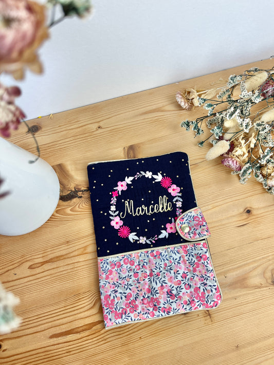 Mahé le protège carnet gaze nuit doré et Liberty Pois de senteur