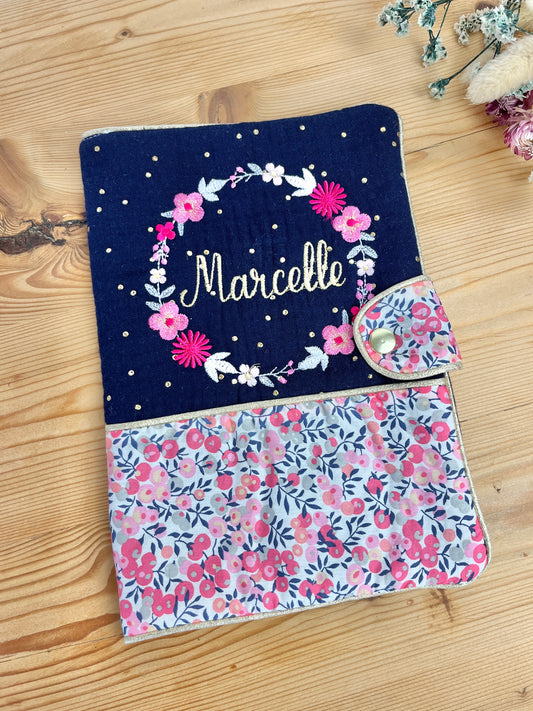 Mahé le protège carnet gaze nuit doré et Liberty Pois de senteur