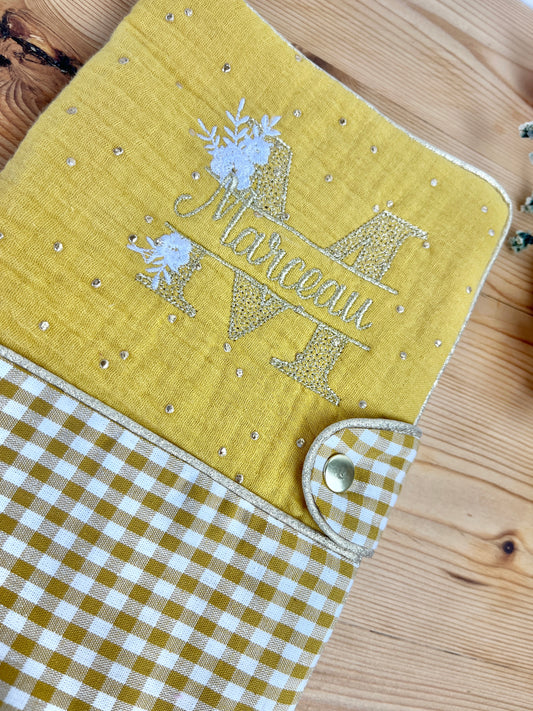 Mahé le protège carnet gaze moutarde doré et vichy