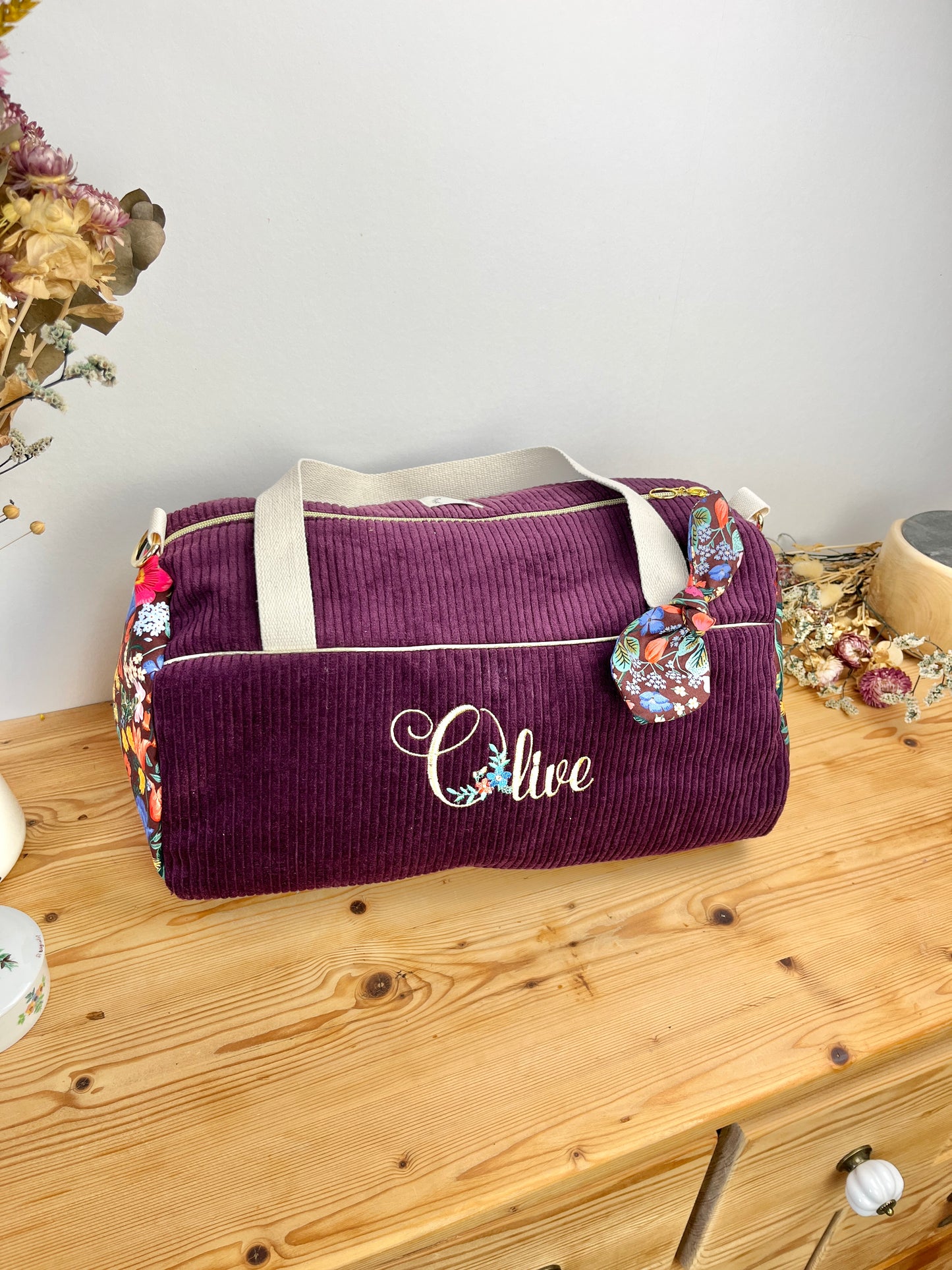 Louison le sac polochon enfant velours prune et blossom burgundi