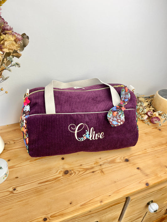 Louison le sac polochon enfant velours prune et blossom burgundi