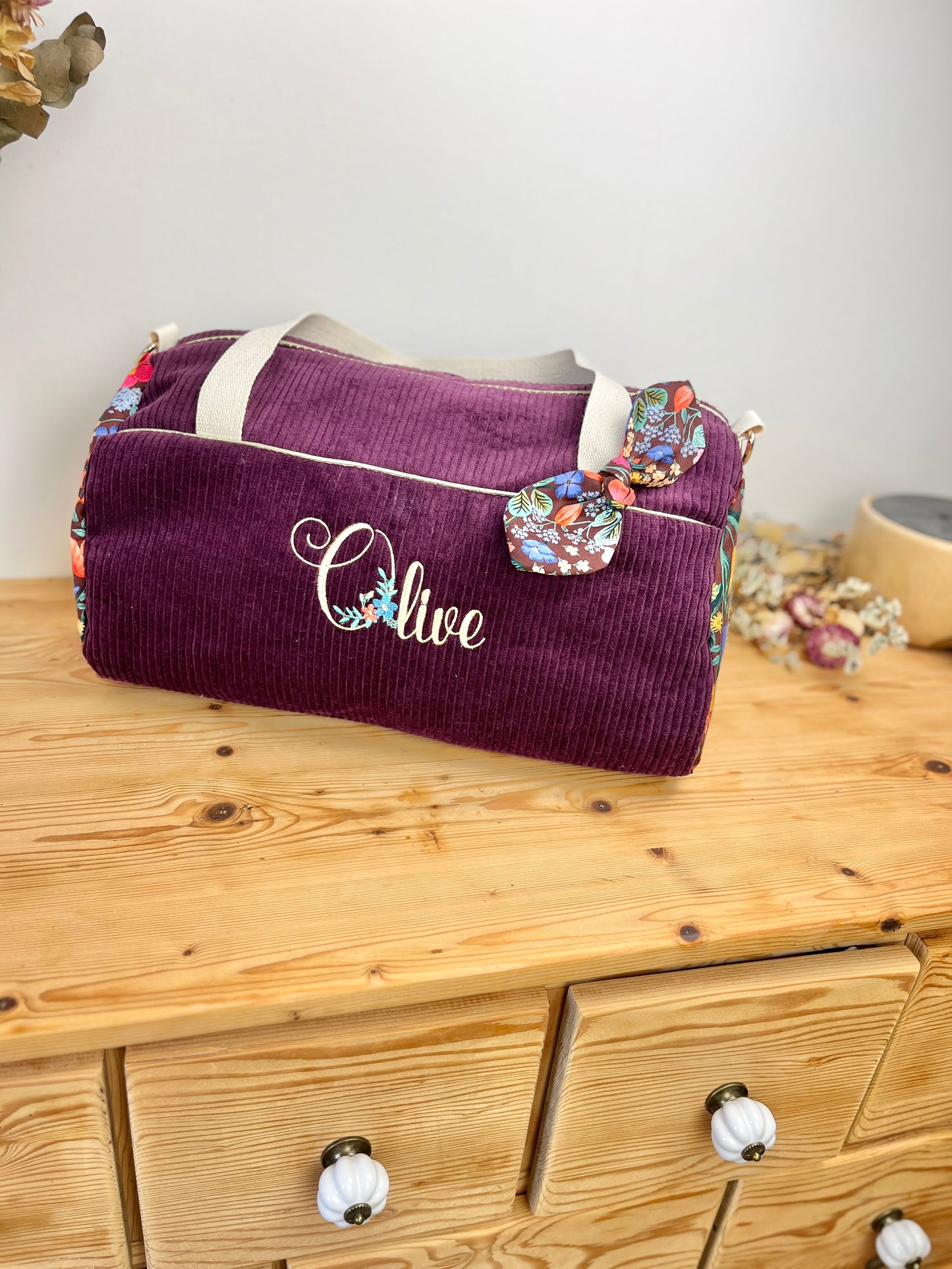 Louison le sac polochon enfant velours prune et blossom burgundi