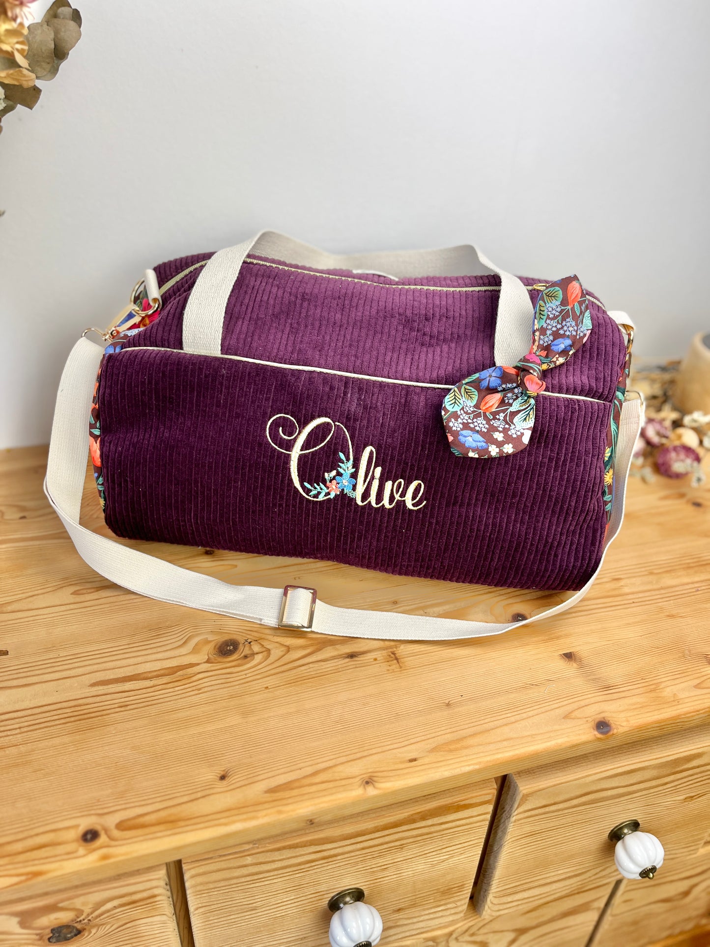 Louison le sac polochon enfant velours prune et blossom burgundi
