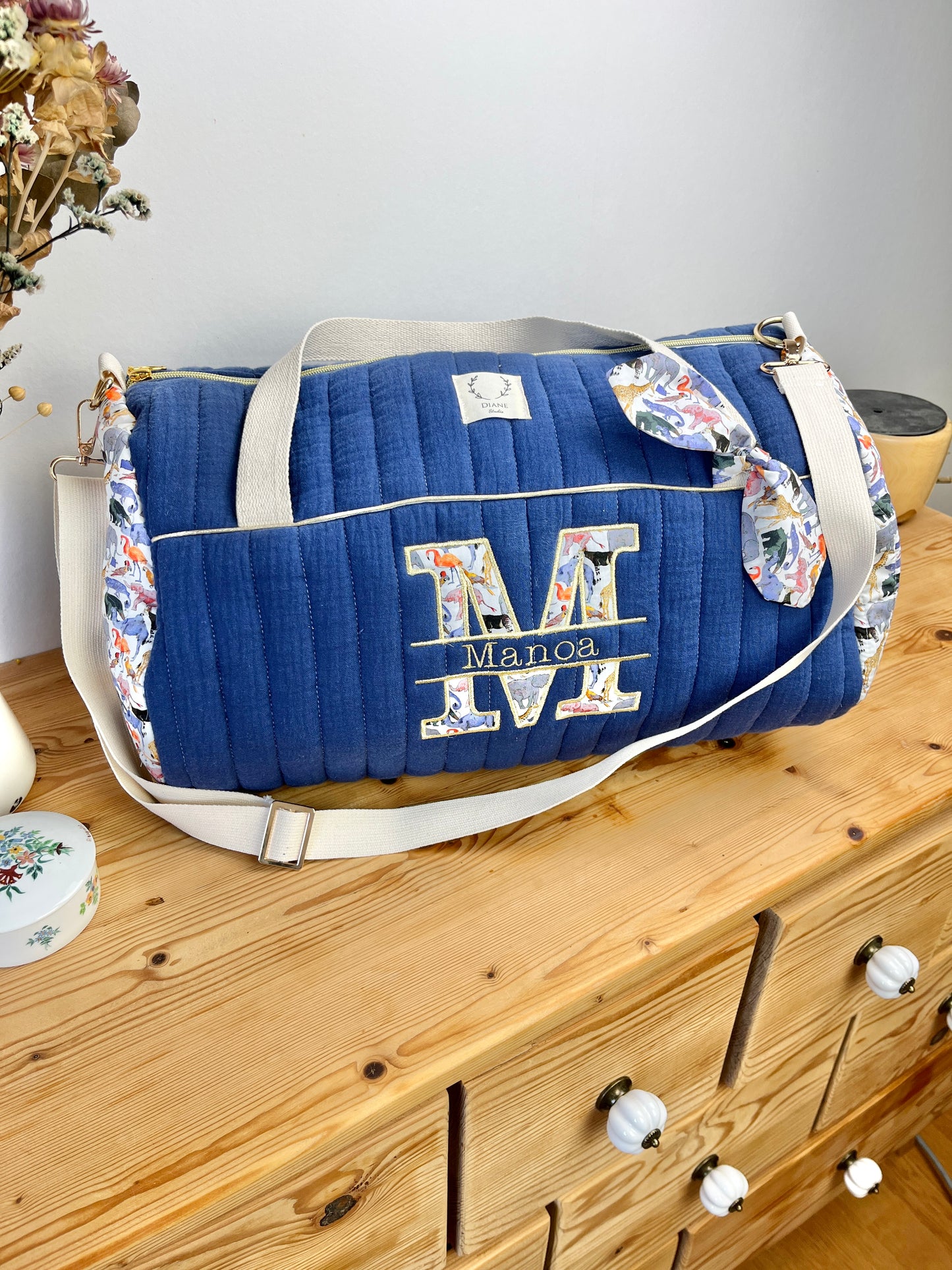 Louison le sac polochon adulte matelassé indigo et Liberty zoo