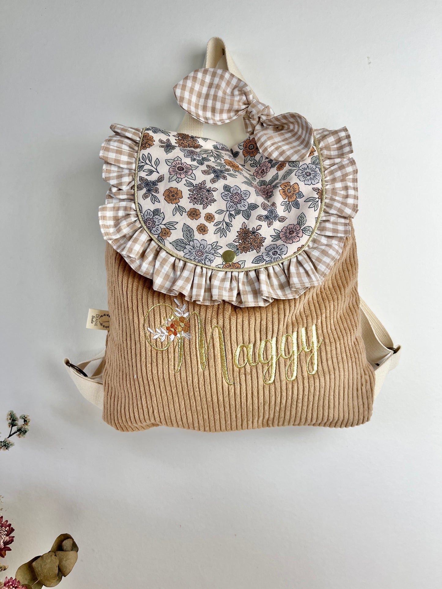 Le sac à dos Églantine velours camel et marion