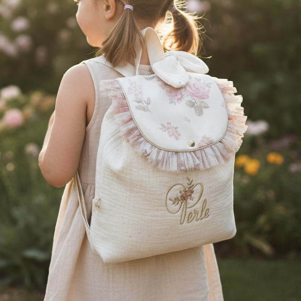 Le sac à dos Églantine jacquard roses pailleté gaze crème