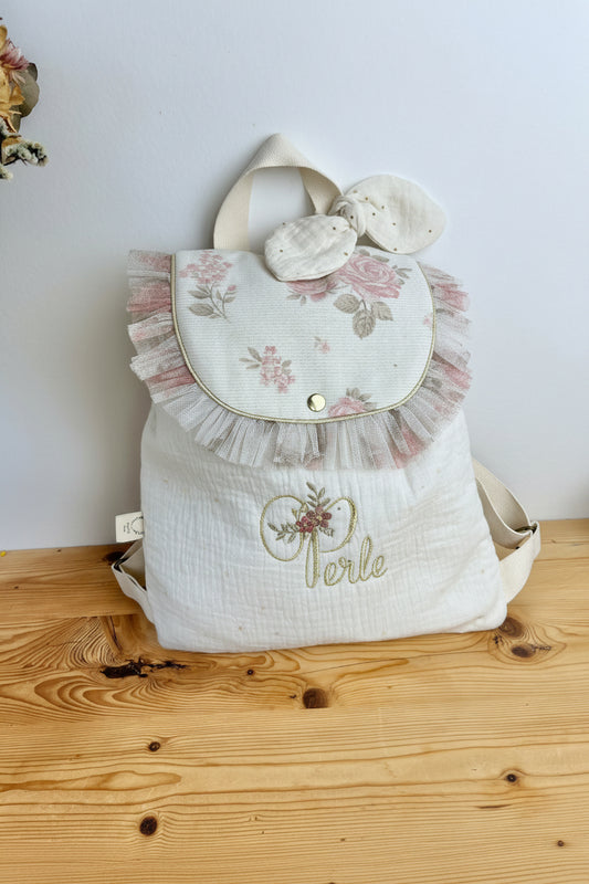 Le sac à dos Églantine jacquard roses pailleté gaze crème