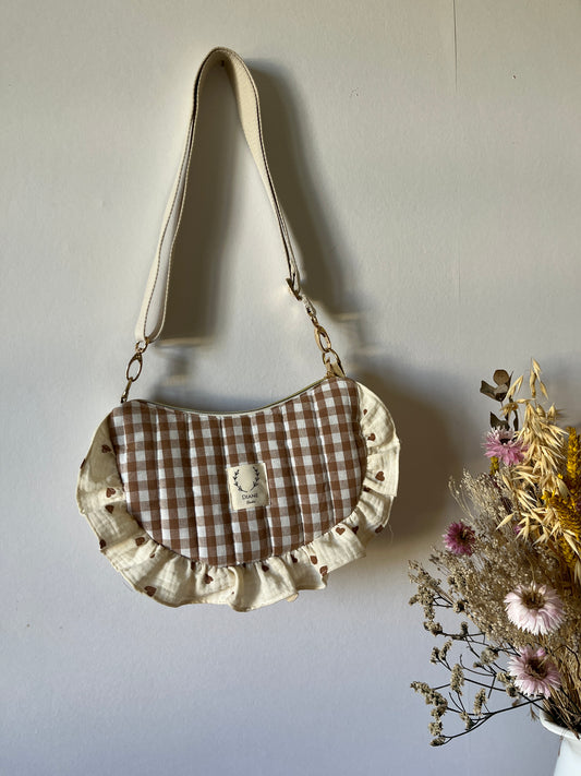 Sac Milan motifs vichy caramel et gaze coeurs