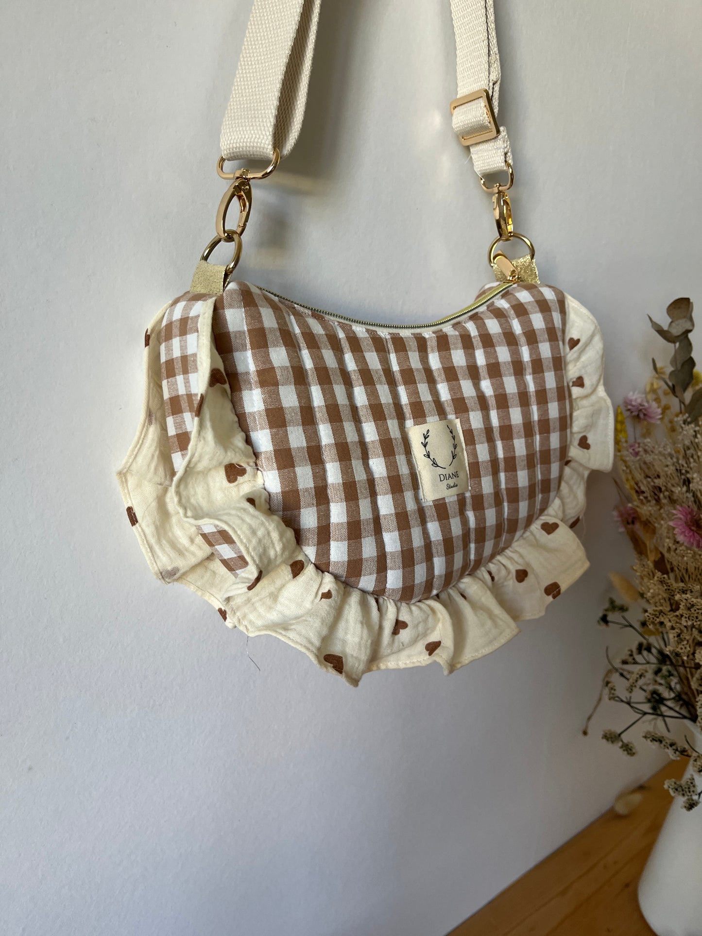 Sac Milan motifs vichy caramel et gaze coeurs