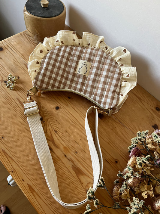 Sac Milan motifs vichy caramel et gaze coeurs