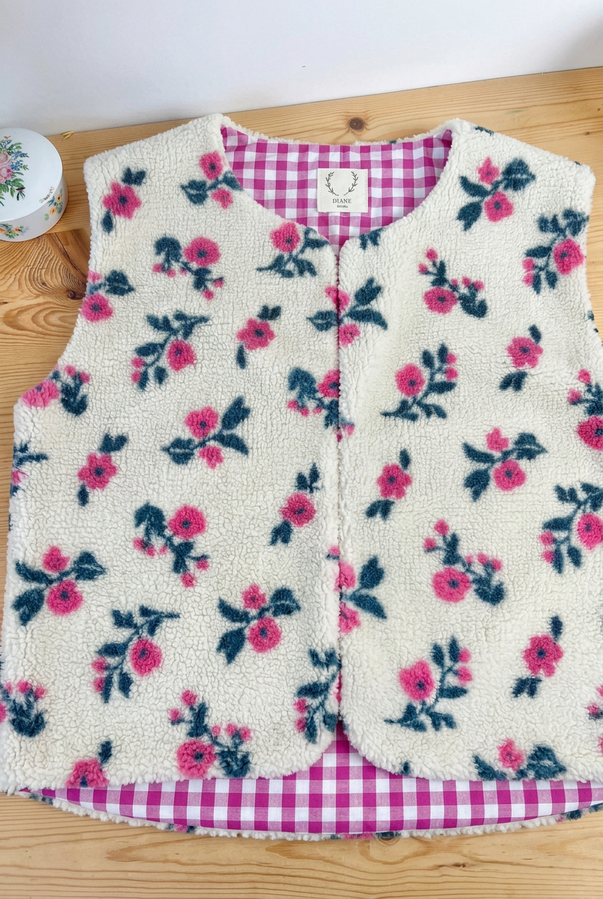 Gilet sherpa fleuri Coraliane vichy fuchsia-sur commande
