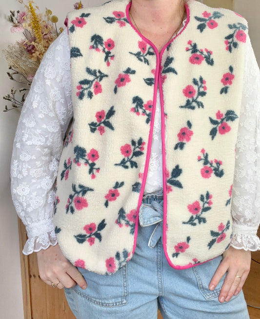 NOUVEAU ! Gilet fleuri Coraliane bordure et vichy fuchsia
