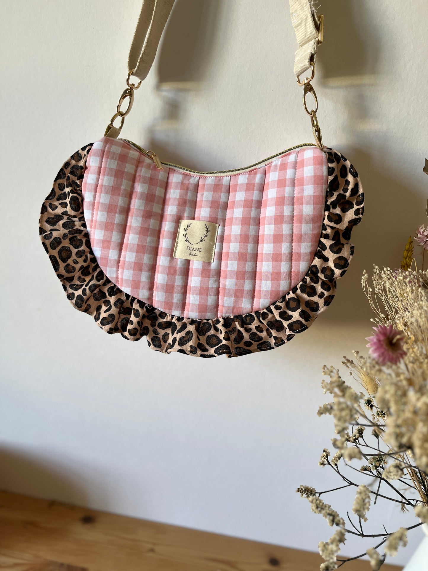 Sac Milan motifs vichy rose et léopard