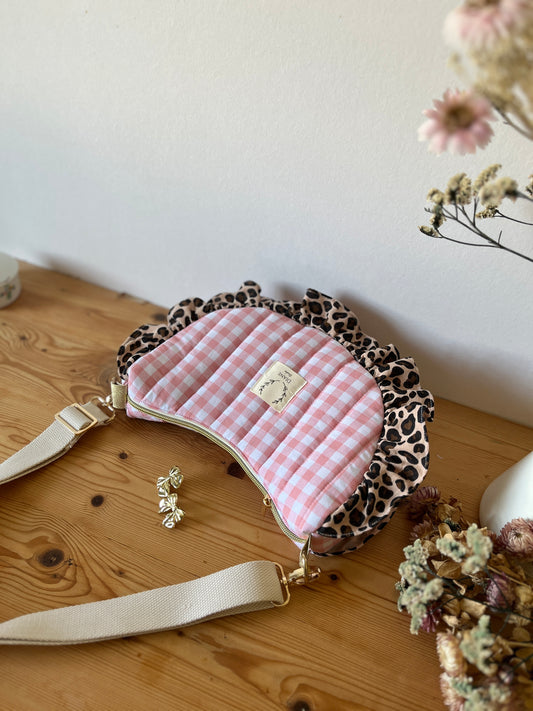 Sac Milan motifs vichy rose et léopard