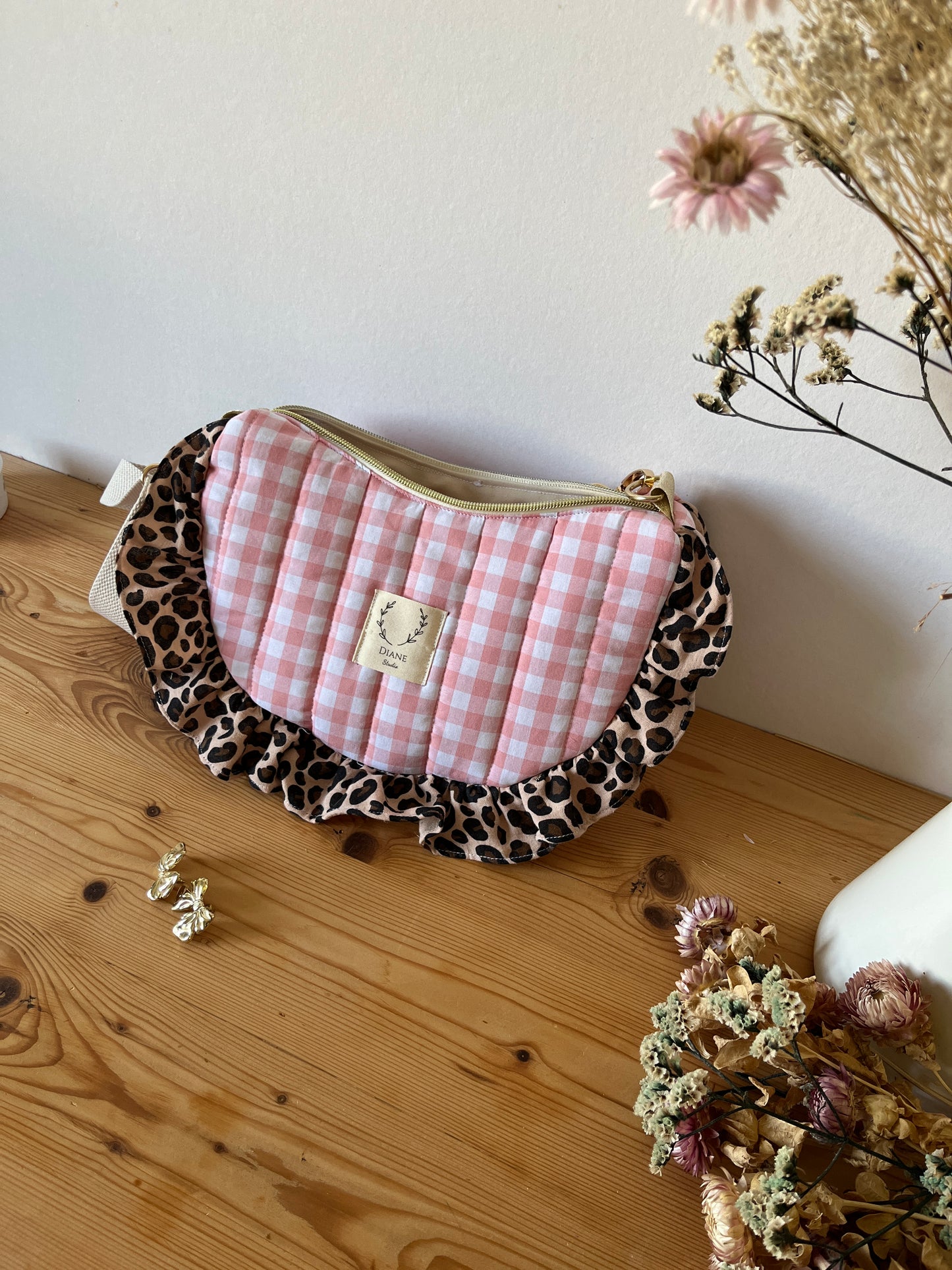 Sac Milan motifs vichy rose et léopard