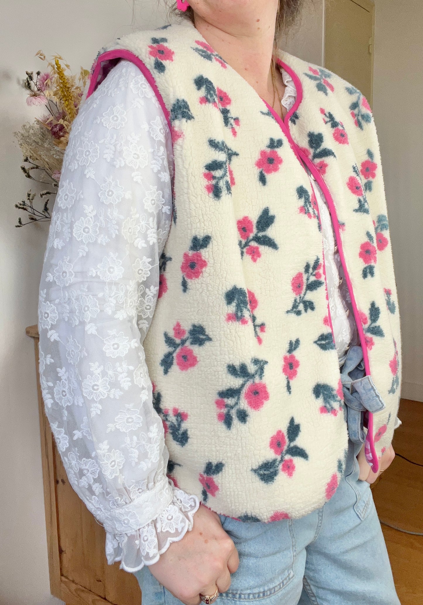 NOUVEAU ! Gilet fleuri Coraliane bordure et vichy fuchsia