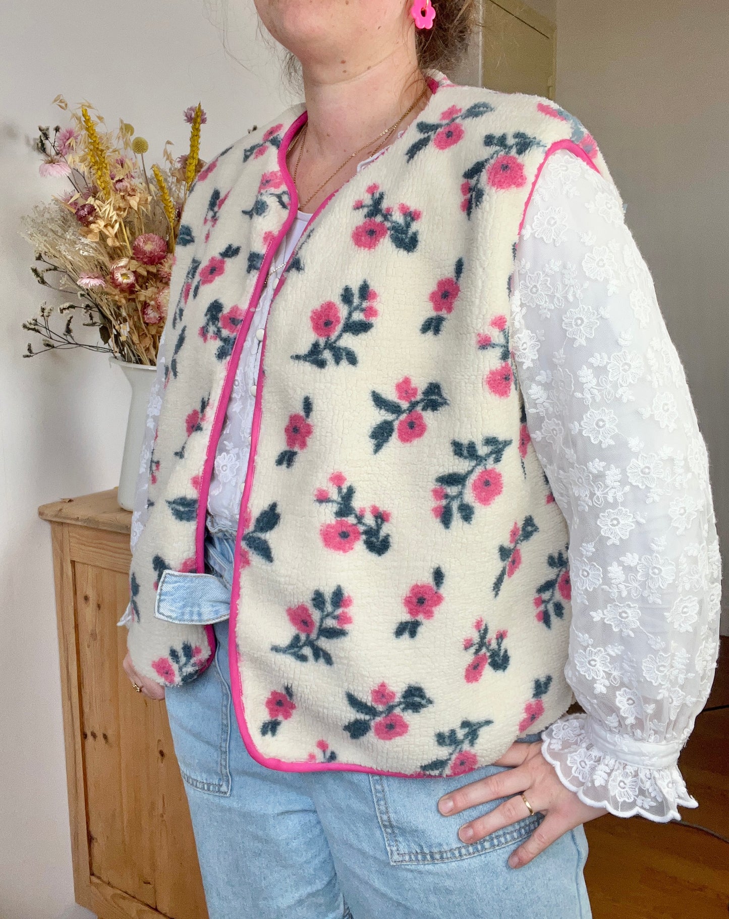 NOUVEAU ! Gilet fleuri Coraliane bordure et vichy fuchsia