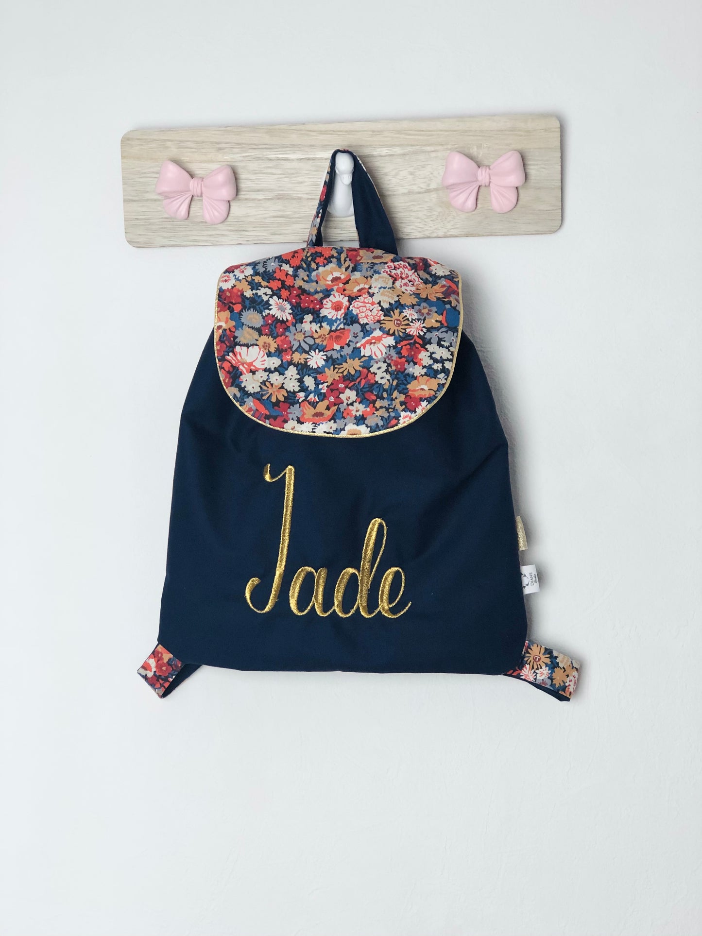 Le sac à dos enfant personnalisé Églantine gabardine bleu nuit et Liberty thorpe
