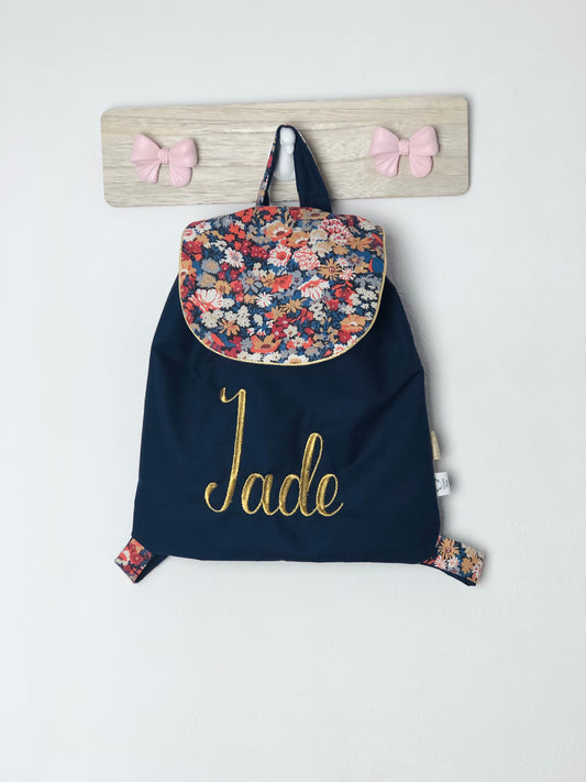 Le sac à dos enfant personnalisé Églantine gabardine bleu nuit et Liberty thorpe