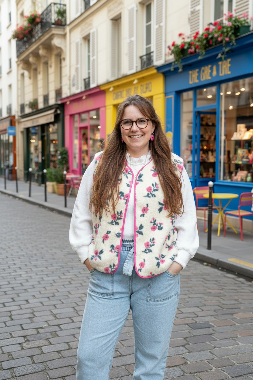 Gilet fleuri Coraliane bordure et vichy fuchsia