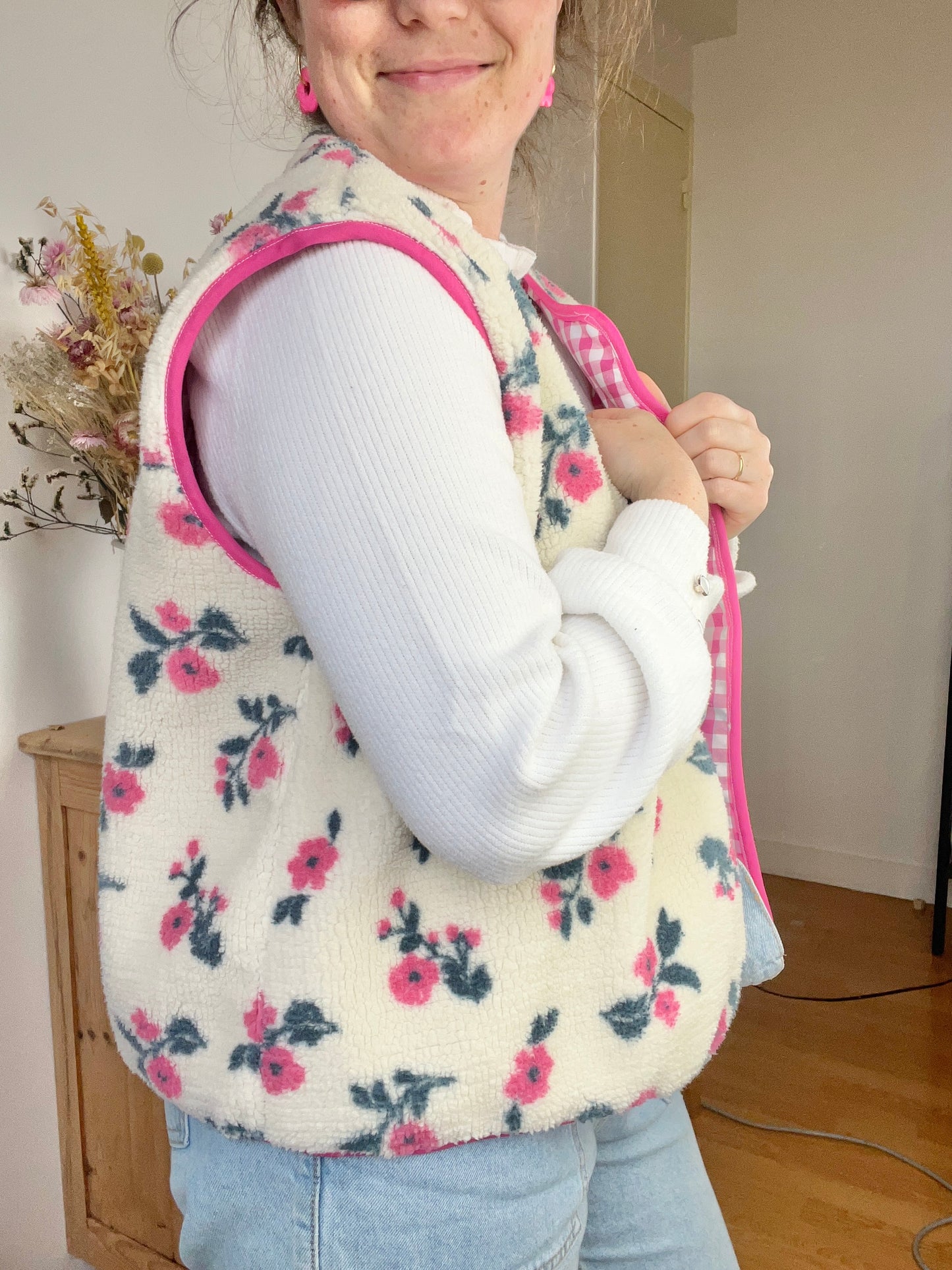 NOUVEAU ! Gilet fleuri Coraliane bordure et vichy fuchsia