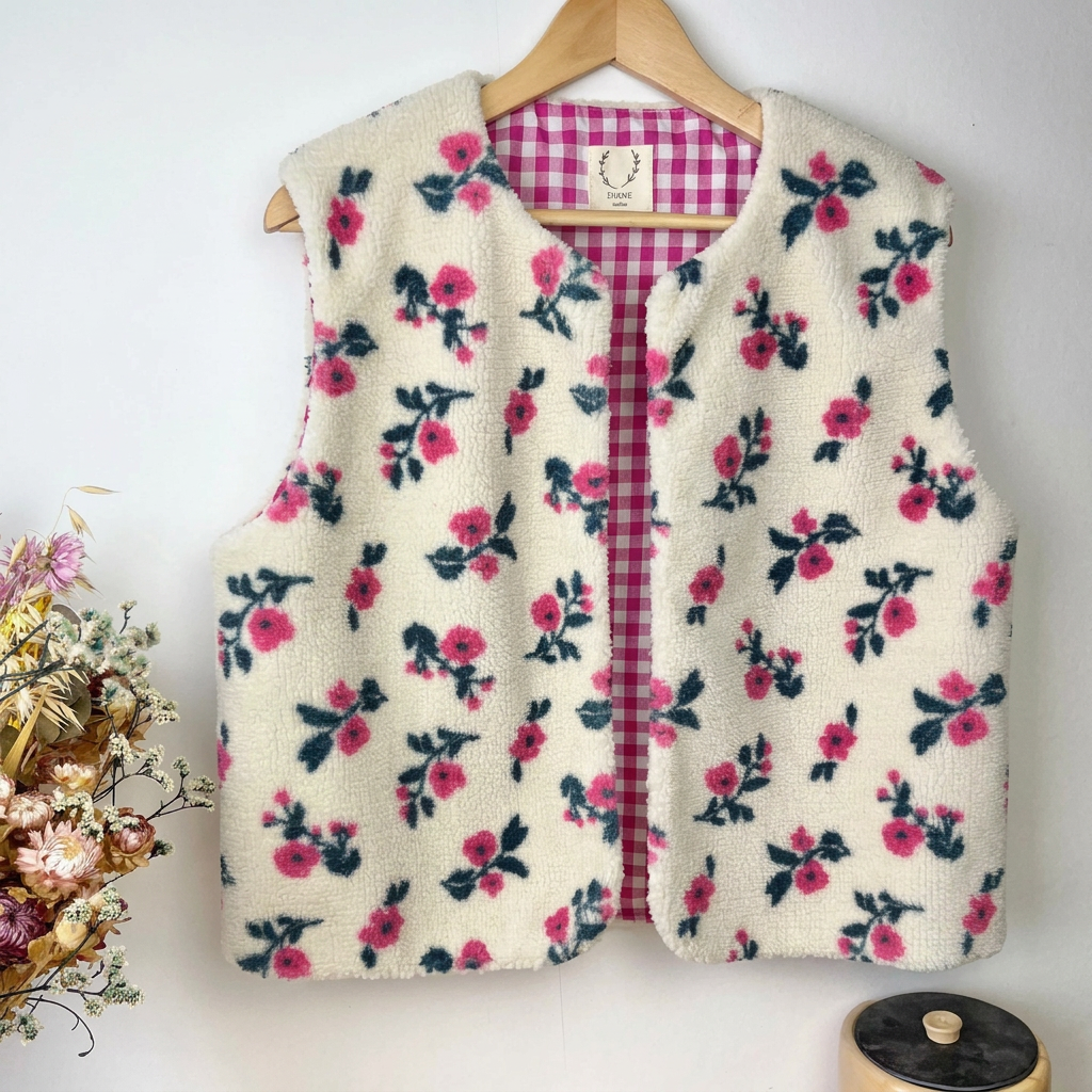 Gilet sherpa fleuri Coraliane vichy fuchsia-sur commande