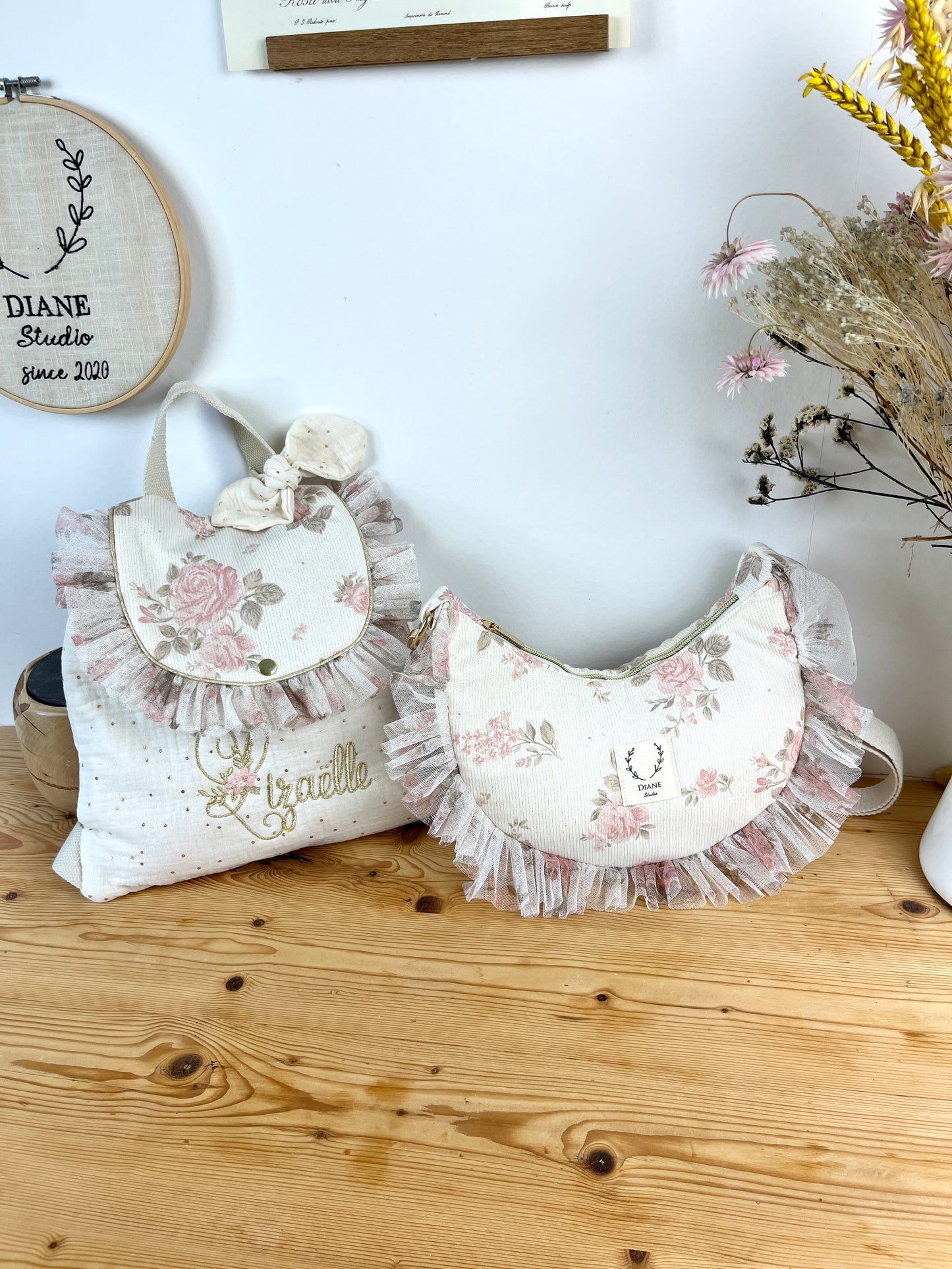NOUVEAU Ensemble mère fille sac Milan et sac à dos Eglantine jacquard et tulle roses