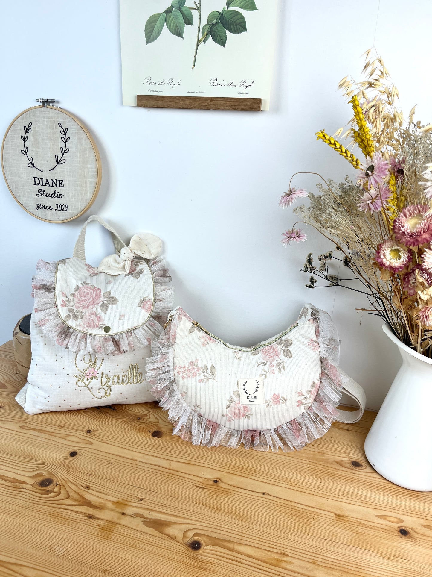 NOUVEAU Ensemble mère fille sac Milan et sac à dos Eglantine jacquard et tulle roses