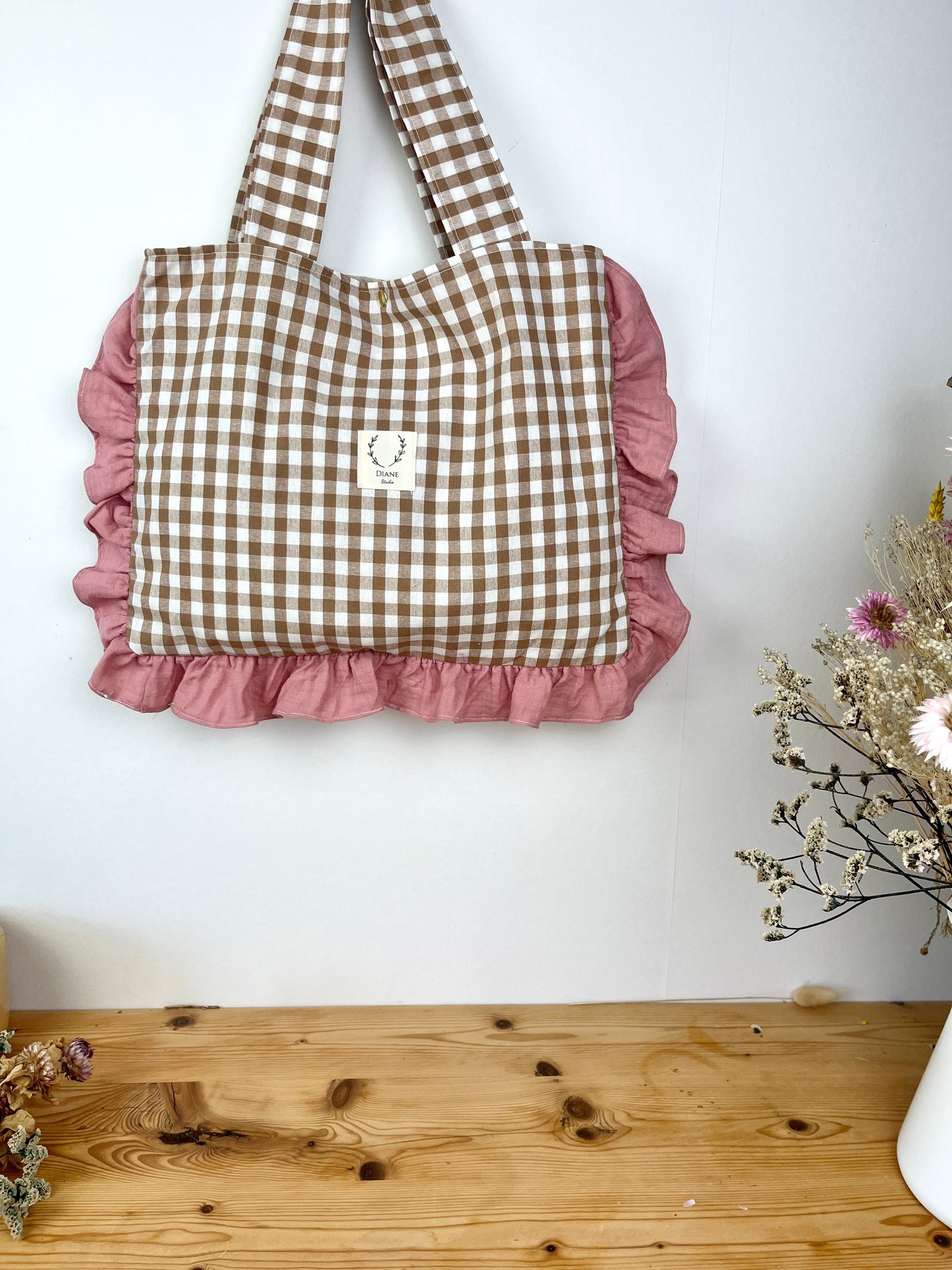 Le petit tote vichy caramel et gaze rose thé