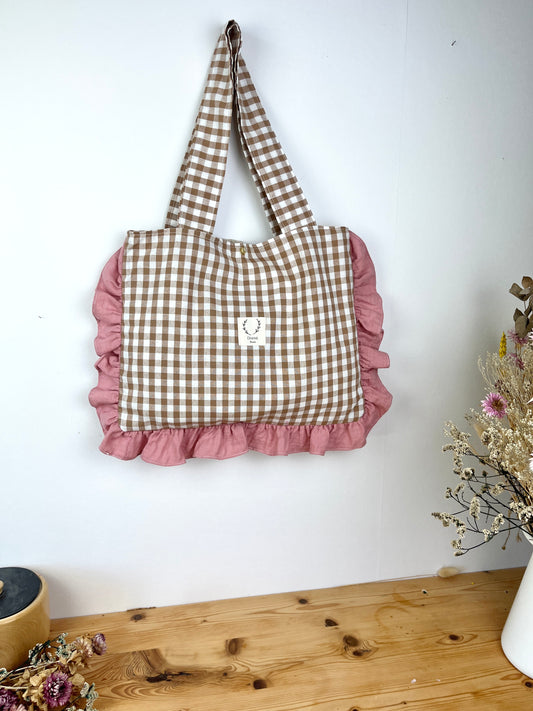 Le petit tote vichy caramel et gaze rose thé