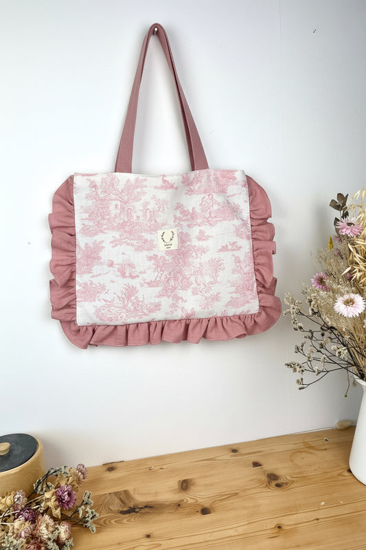 Le petit tote bag jouy et gaze rose thé