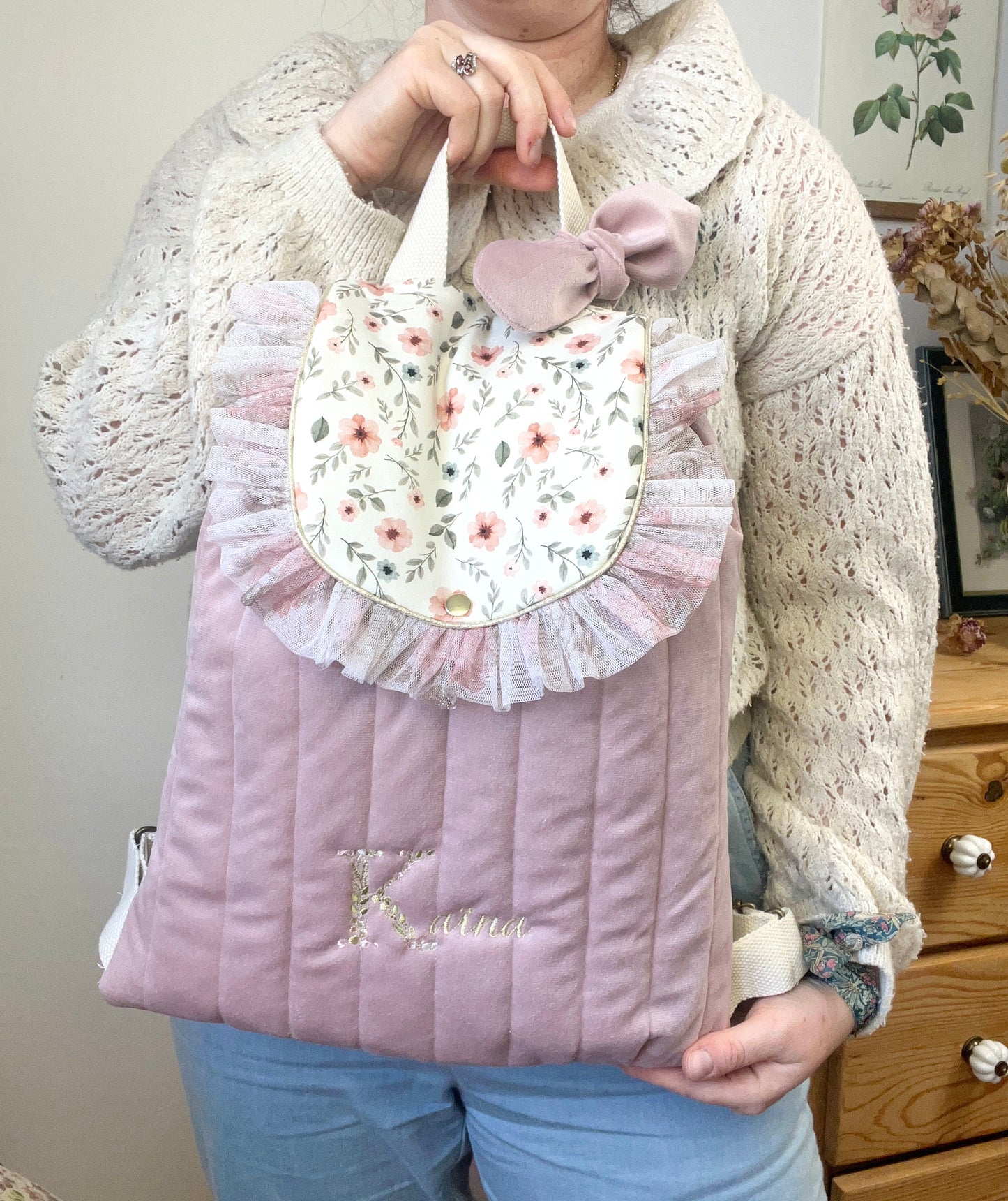 Le sac à dos Églantine velours rose poudré Amandine et tulle