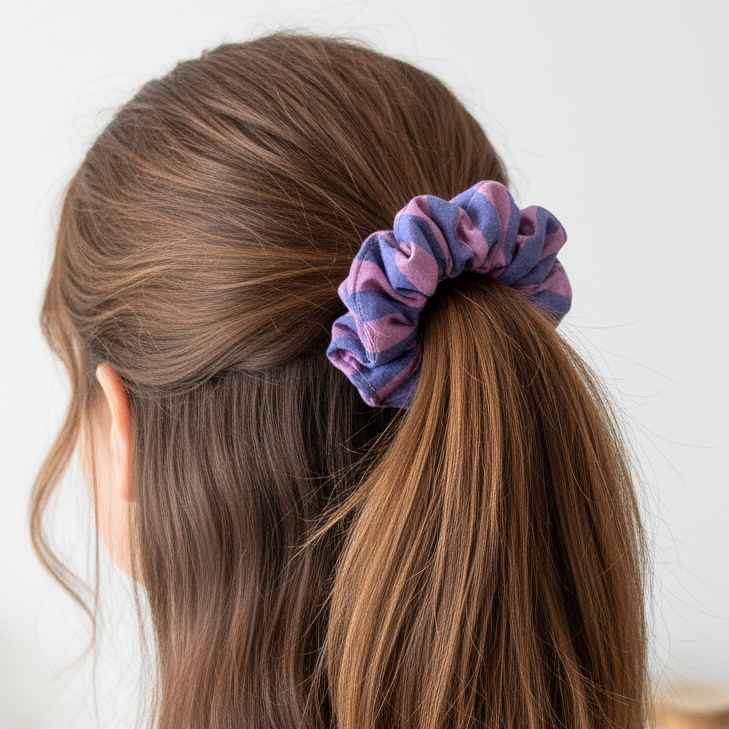 Chouchou coton rayé mauve et bleu