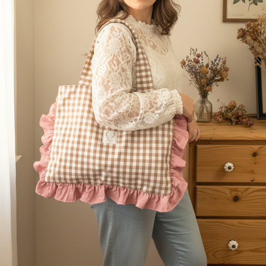 Le petit tote vichy caramel et gaze rose thé