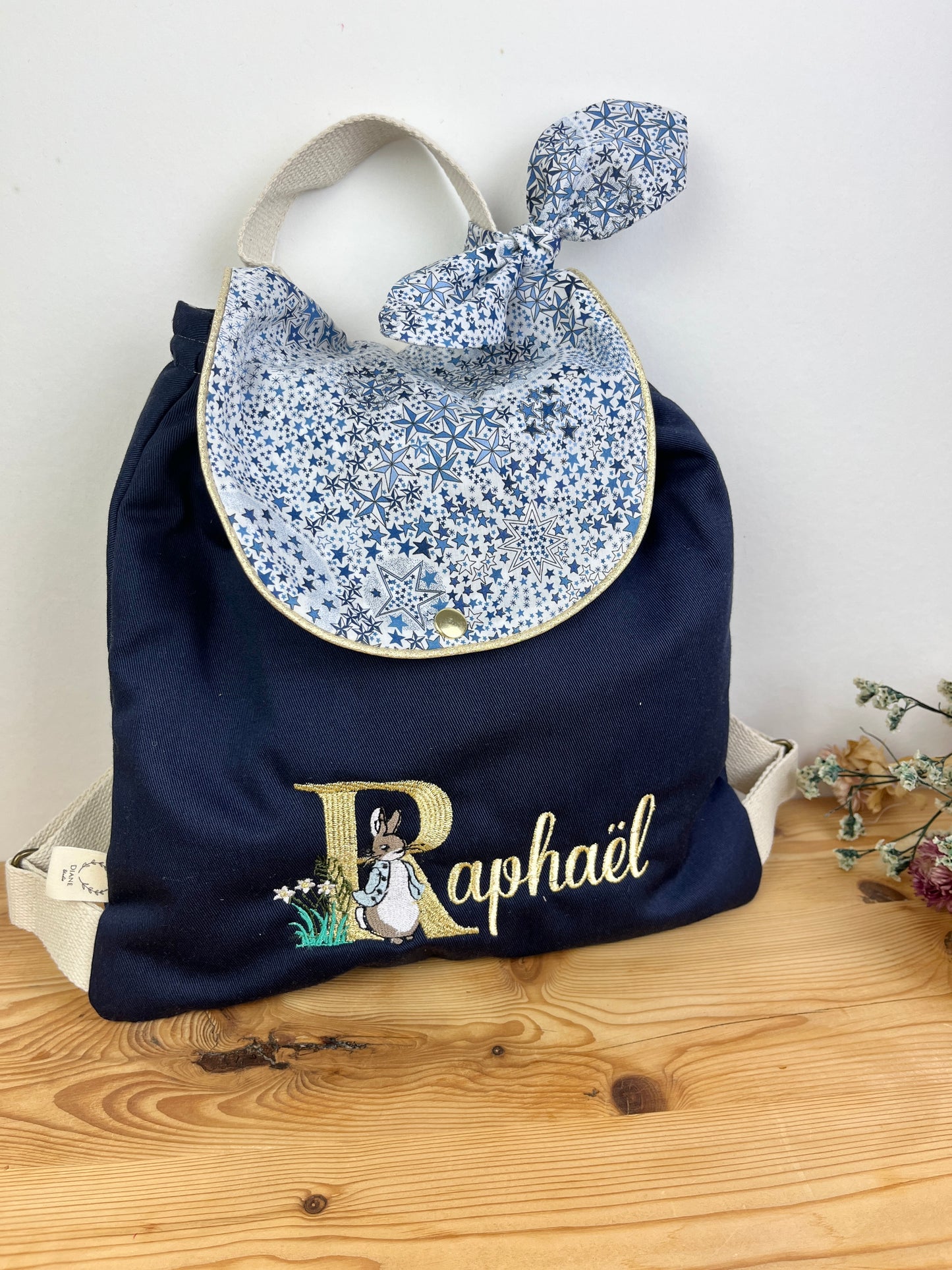 Le sac à dos Églantine Gabardine marine et Liberty Adelajda