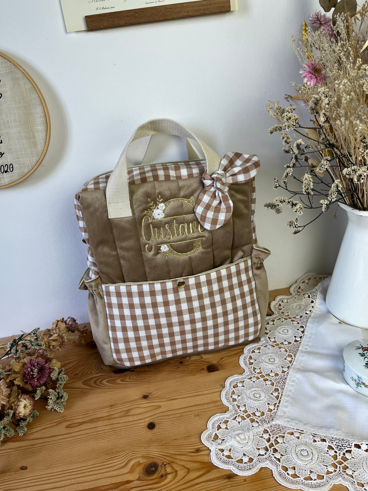 Le sac à dos enfant Ombeline gaze et vichy caramel