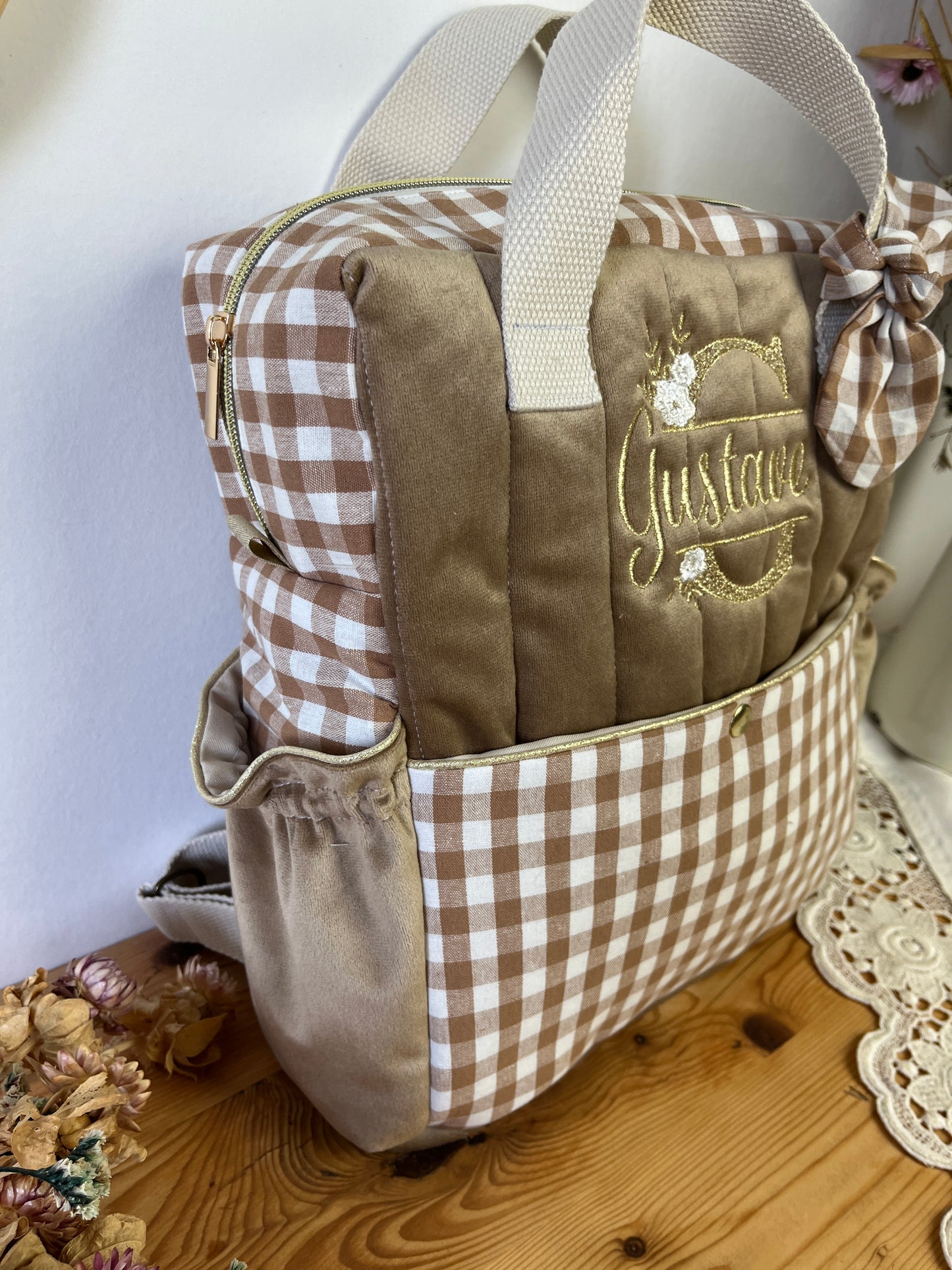 Le sac à dos enfant Ombeline gaze et vichy caramel