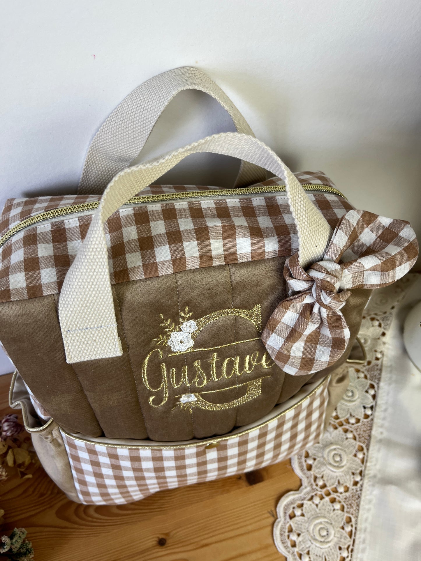 Le sac à dos enfant Ombeline gaze et vichy caramel