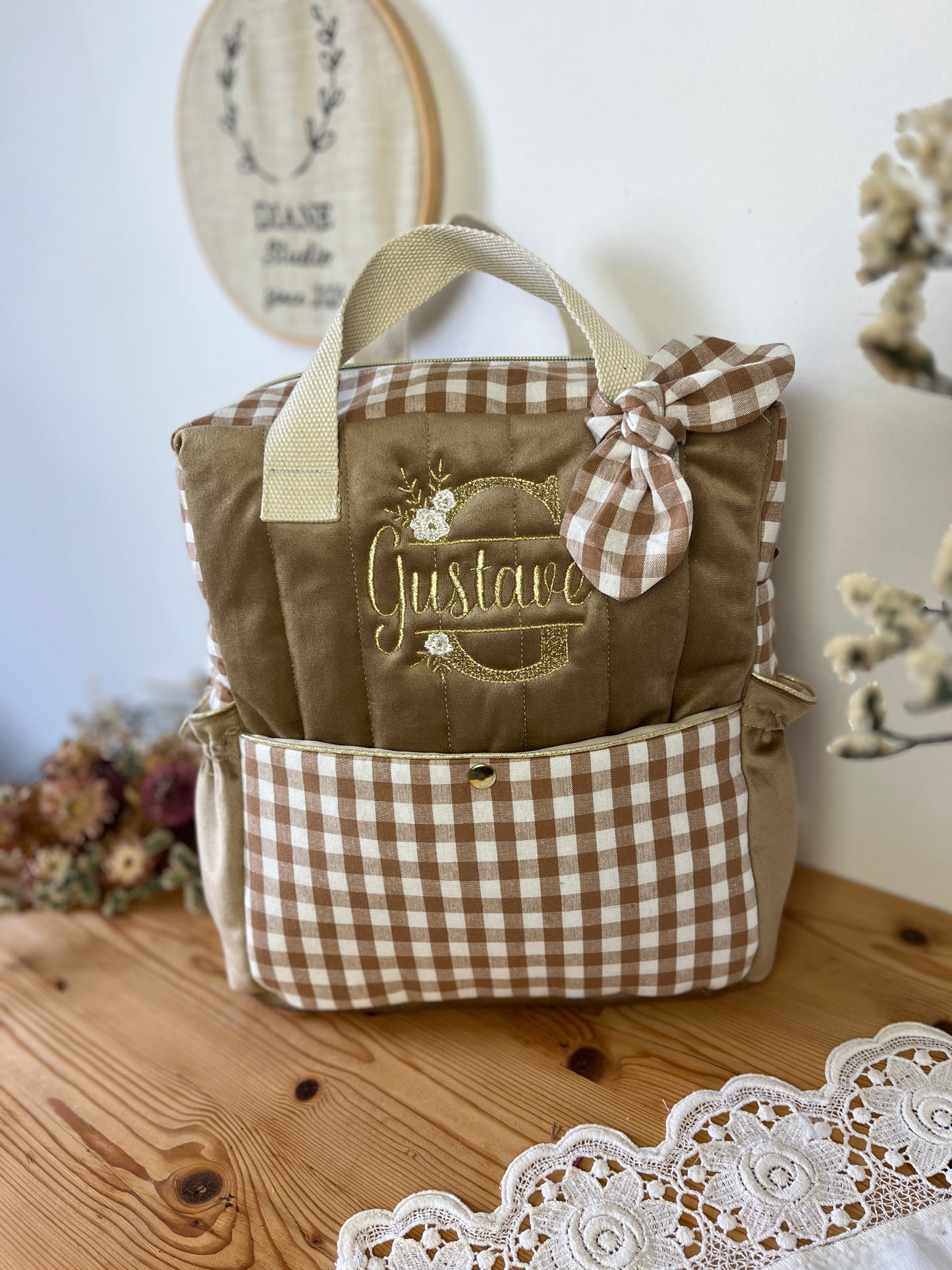Le sac à dos enfant Ombeline gaze et vichy caramel