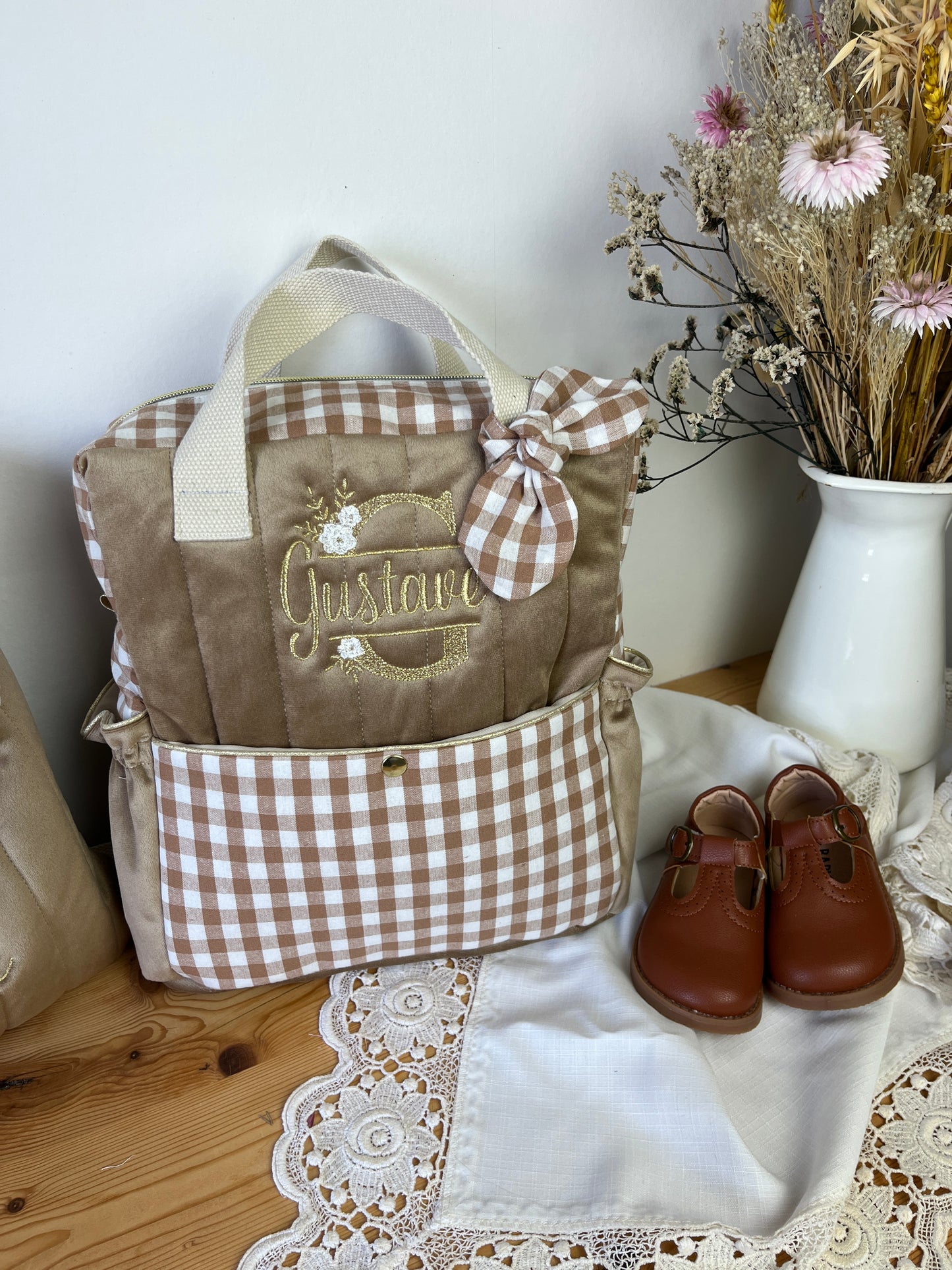Le sac à dos enfant Ombeline gaze et vichy caramel