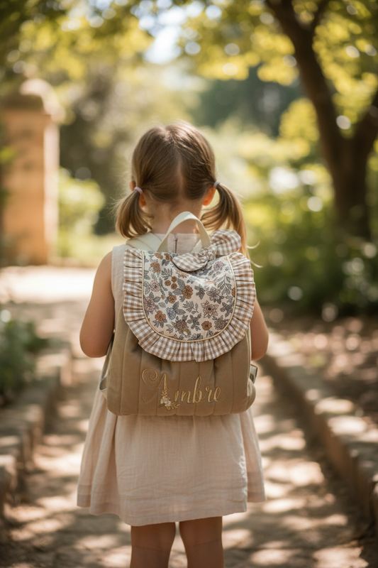 Le sac à dos Églantine velours, vichy et marion