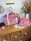Ensemble: sac Louison et trousse Colette initiale dentelle velours rose et gaze Elisabeth
