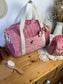 Ensemble: sac Louison et trousse Colette initiale dentelle velours rose et gaze Elisabeth