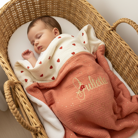 La couverture petits coeurs et gaze marsala