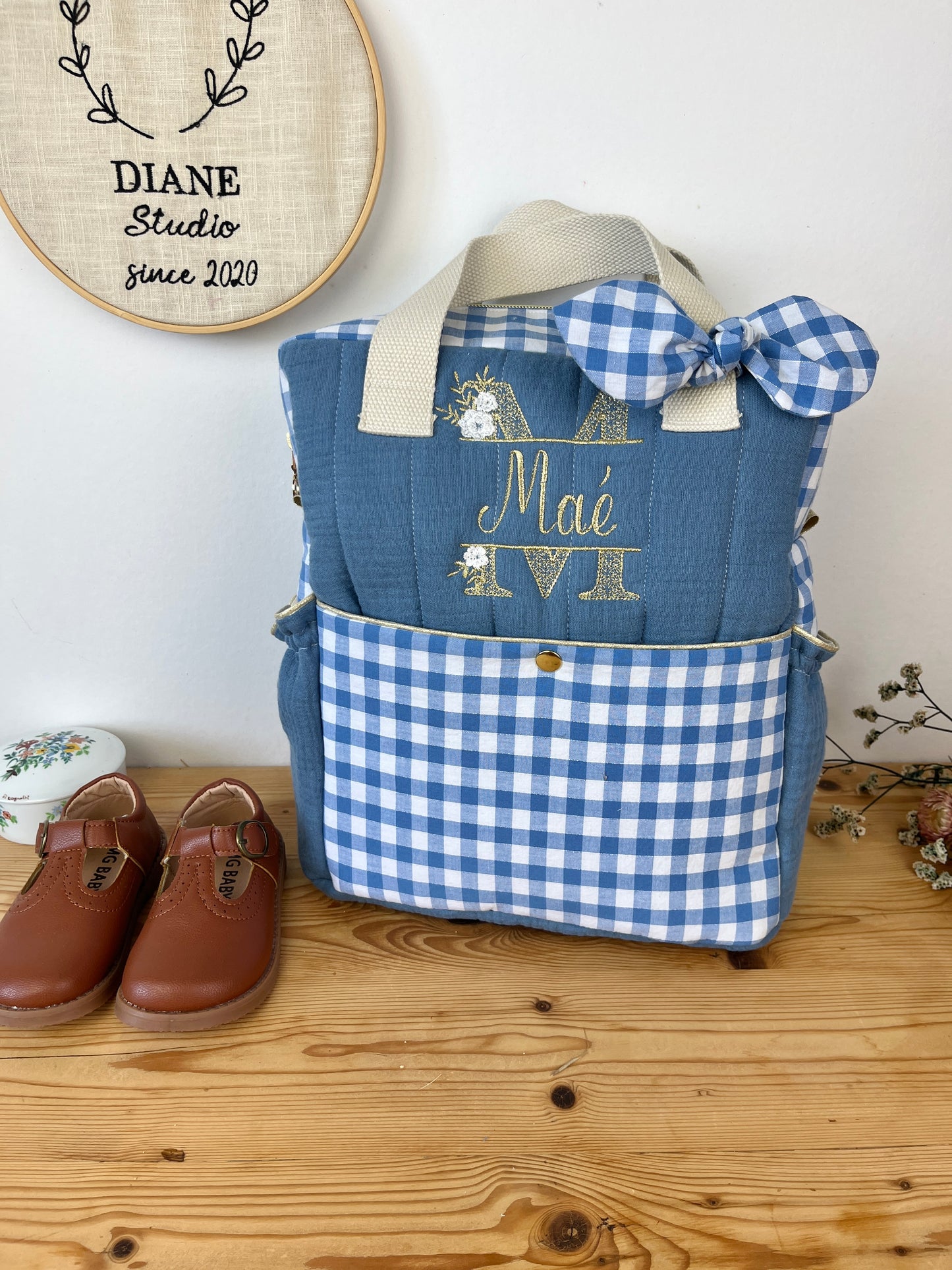 The Ombeline children's backpack in quilted gauze and sky blue gingham