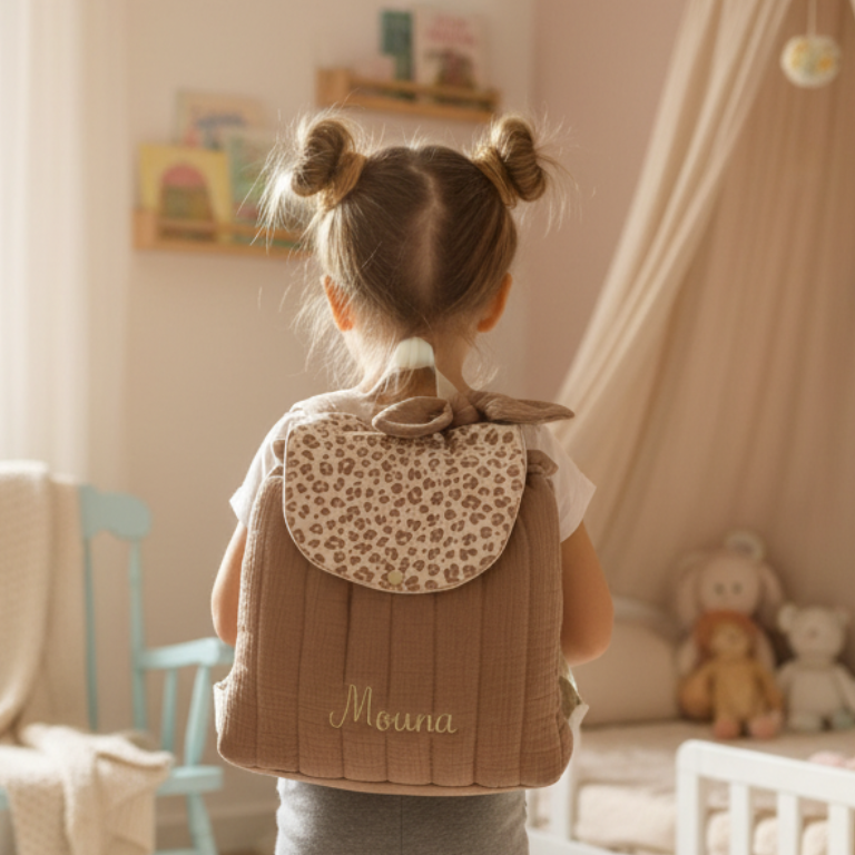 NOUVEAU Ensemble mère fille sac Milan et sac à dos Eglantine gaze léopard et vichy caramel