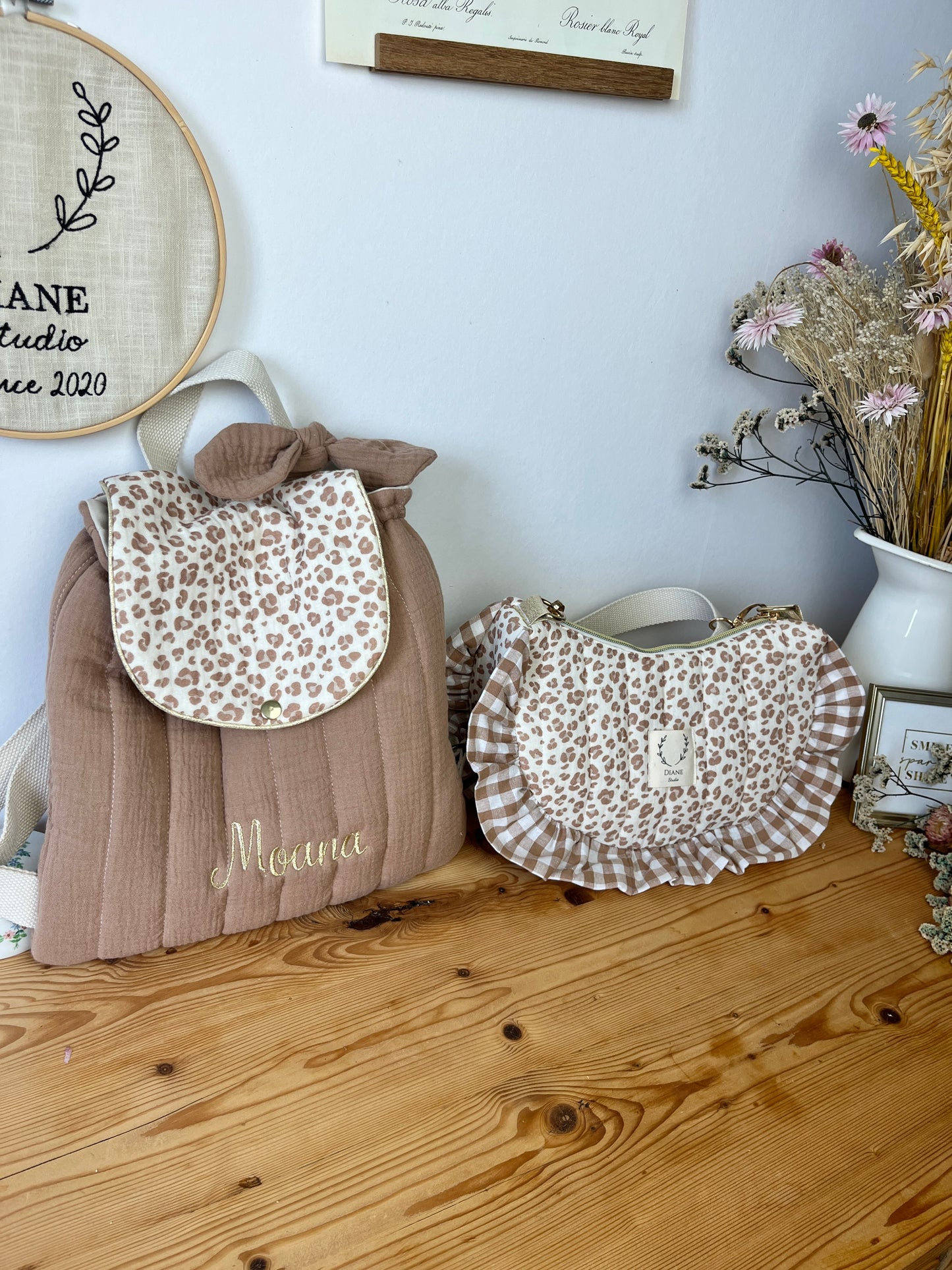NOUVEAU Ensemble mère fille sac Milan et sac à dos Eglantine gaze léopard et vichy caramel