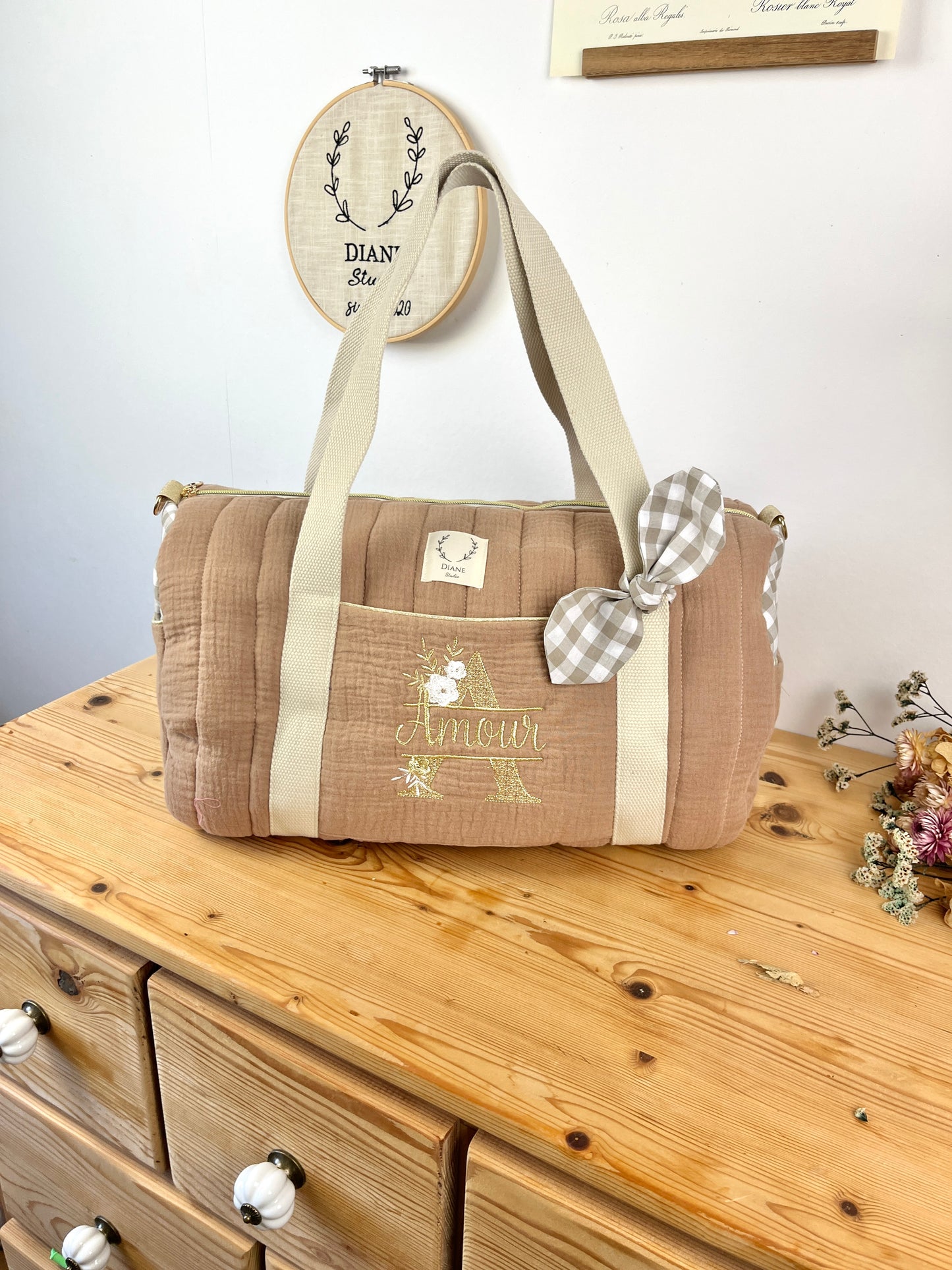 Sac Louison gaze caramel et vichy galet