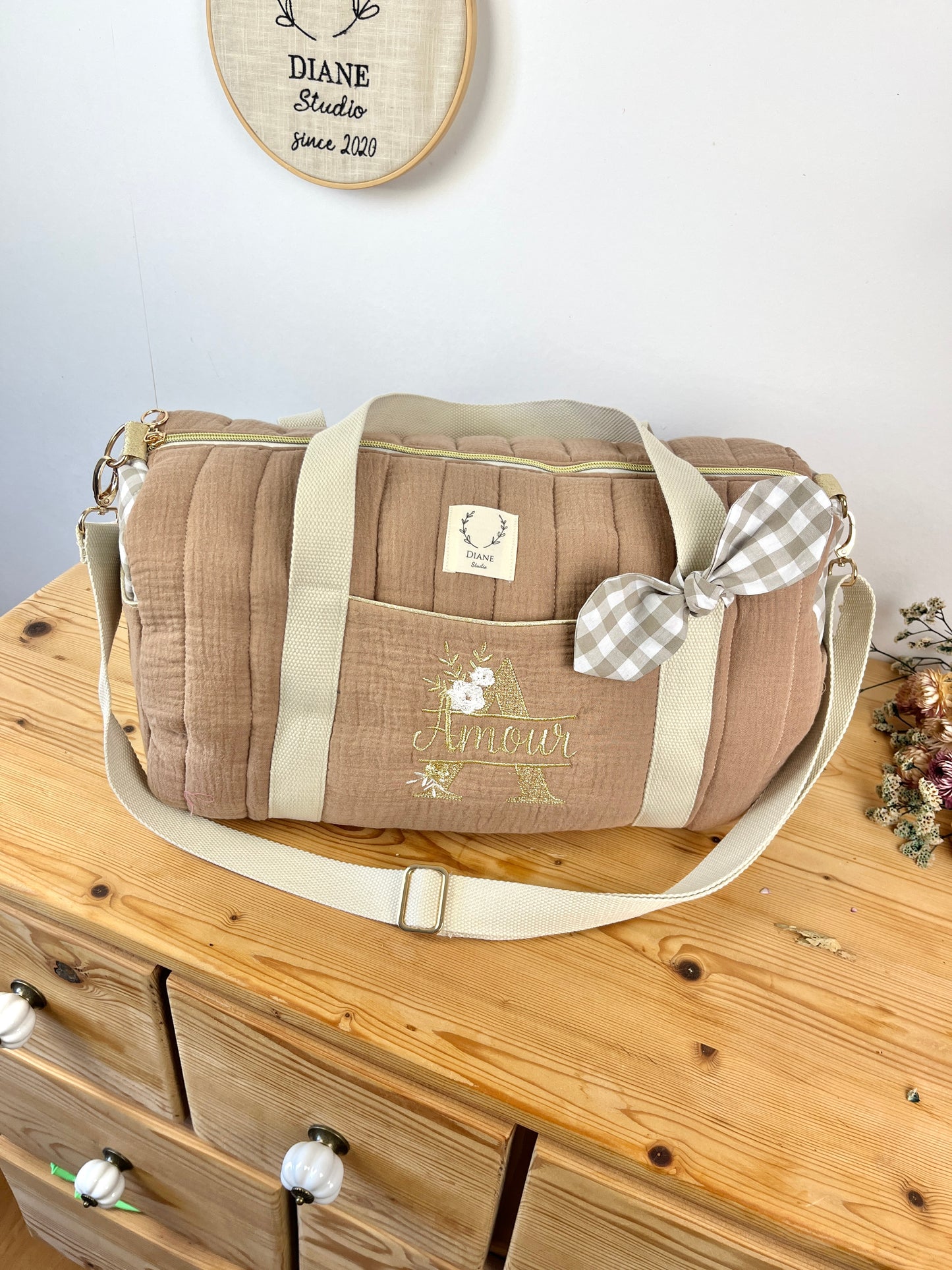 Sac Louison gaze caramel et vichy galet