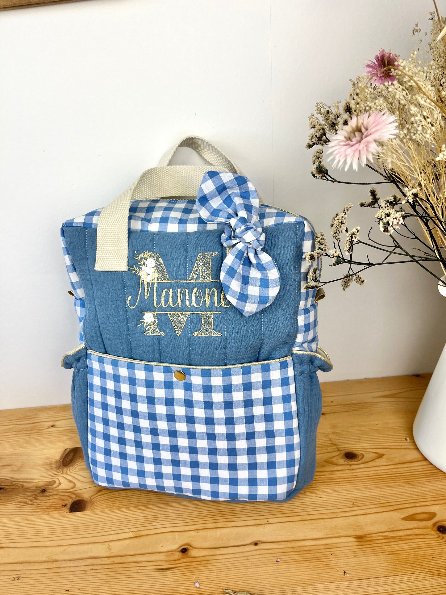 The Ombeline children's backpack in quilted gauze and sky blue gingham